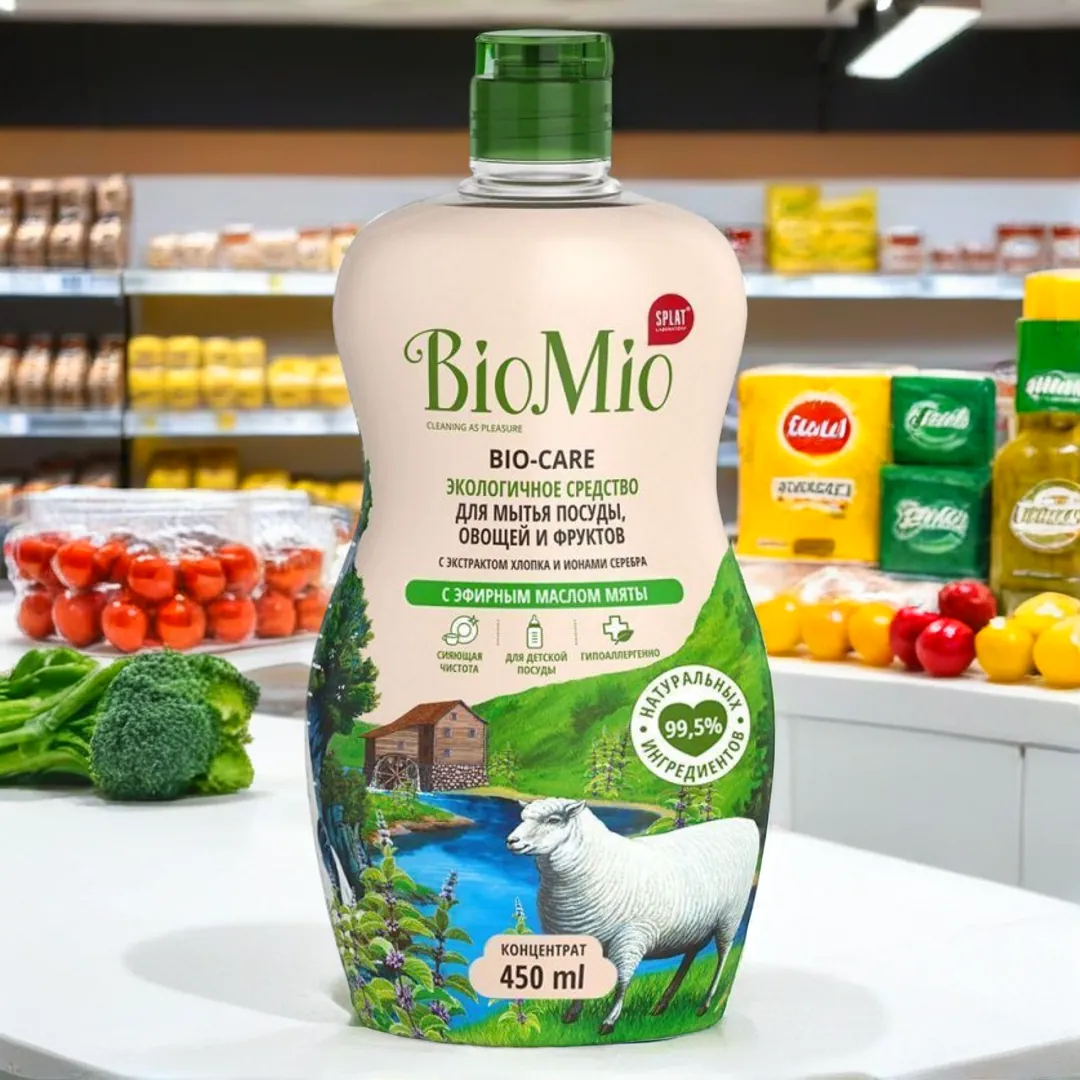 Средство для мытья посуды, овощей и фруктов BioMio BIO-CARE с эфирным маслом мяты, концентрат, 450 мл